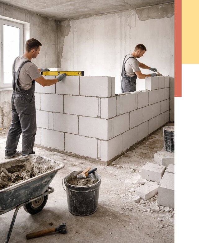 Кладка перегородок из ПГП в Дагестанских Огнях от 2581 руб./м2 — монтаж и возведение под ключ | ОТДЕЛОЧНИК-Дгс