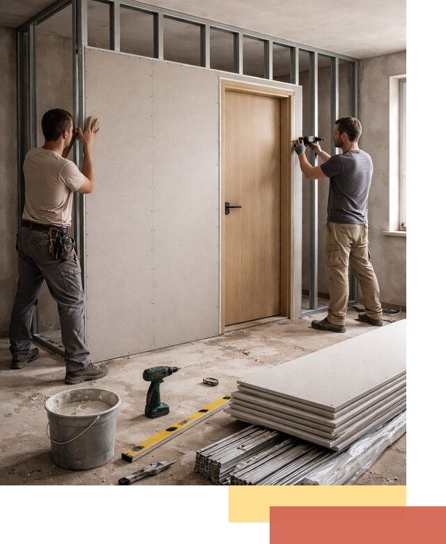 Перегородка из гипсокартона с дверью под ключ в Дагестанских Огнях