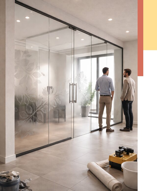 Стеклянные перегородки с рисунком в Дагестанских Огнях от 12904 руб. монтаж и нанесение | ОТДЕЛОЧНИК-Дгс