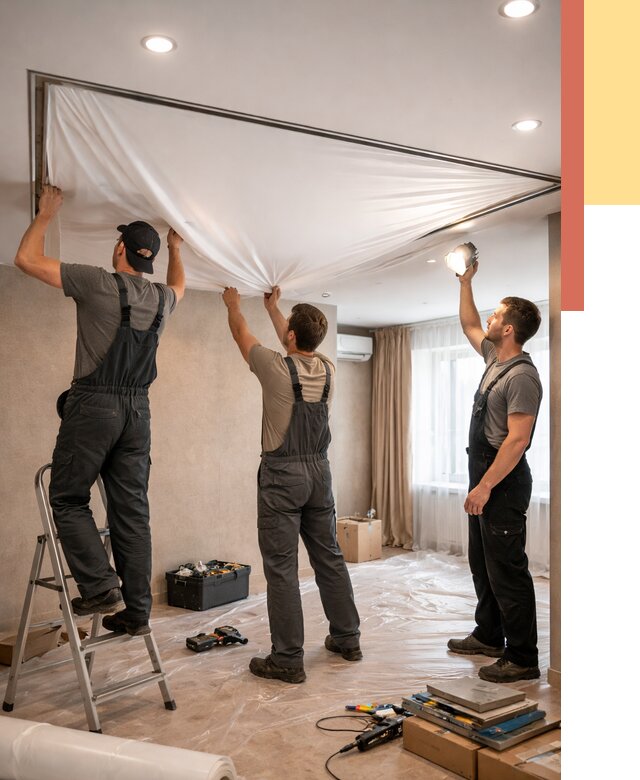 Монтаж ПВХ натяжного потолка в Дагестанских Огнях от 3613 руб. под ключ | ОТДЕЛОЧНИК-Дгс