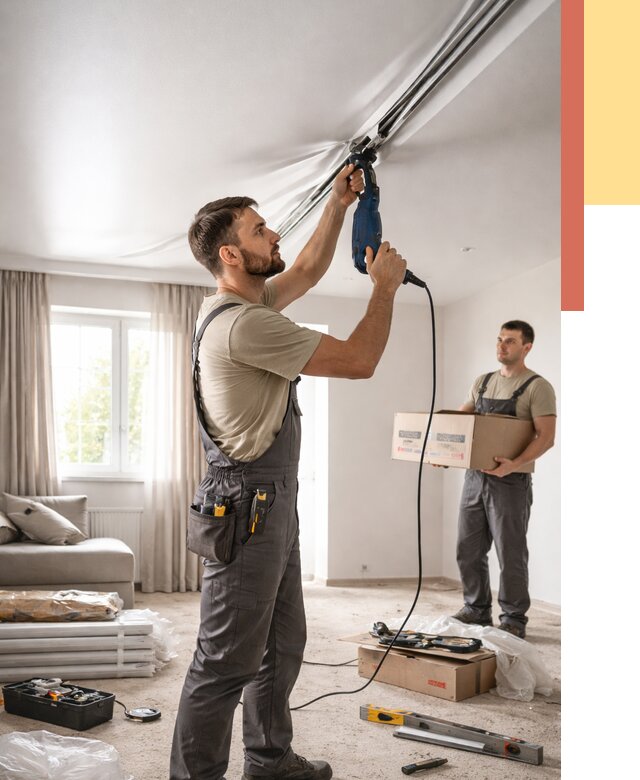 Монтаж сатинового натяжного потолка в Дагестанских Огнях от 3613 руб. | Быстро, недорого — ОТДЕЛОЧНИК-Дгс