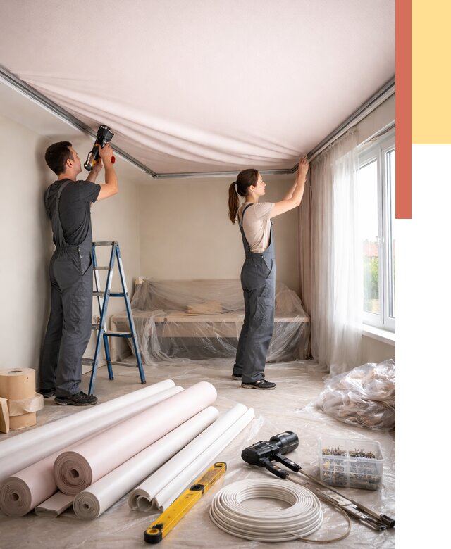 Монтаж цветного натяжного потолка в Дагестанских Огнях от 4336 руб/м² — быстро и недорого | ОТДЕЛОЧНИК-Дгс