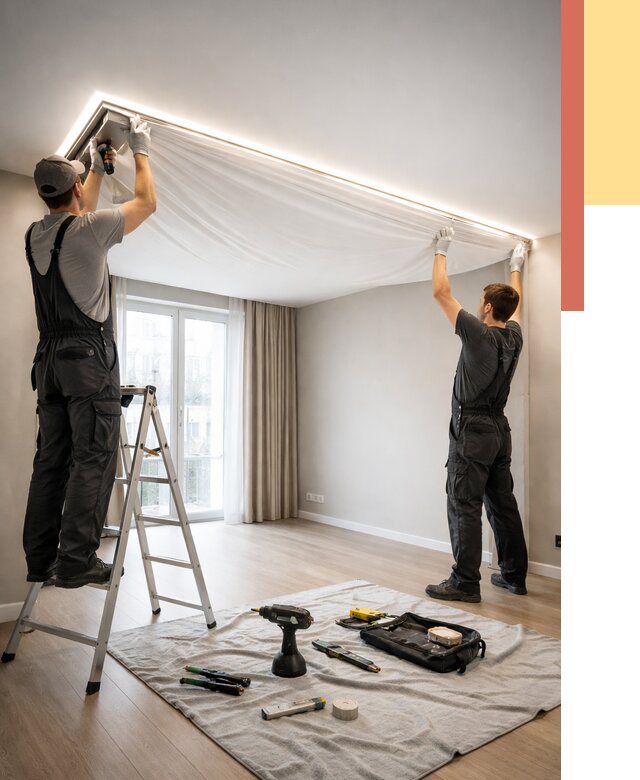 Монтаж парящего натяжного потолка в Дагестанских Огнях от 4645 руб. быстро и недорого | ОТДЕЛОЧНИК-Дгс