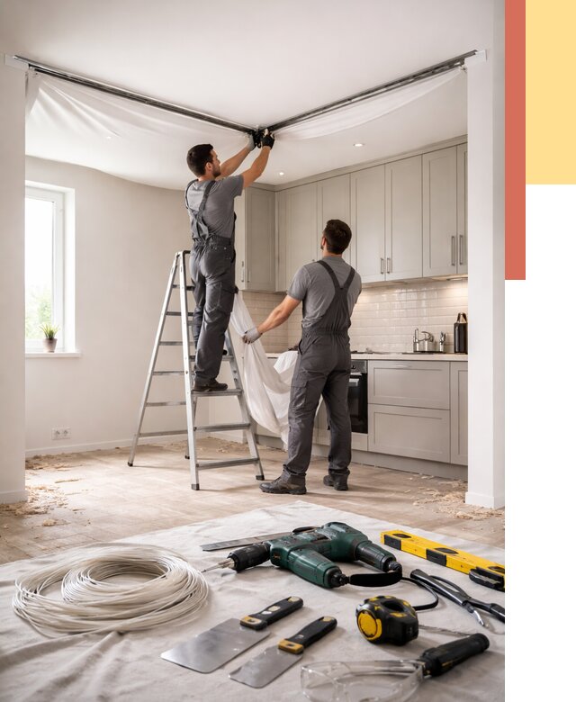 Установка натяжного потолка на кухне в Дагестанских Огнях от 2478 руб. | ОТДЕЛОЧНИК-Дгс