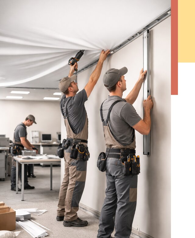 Монтаж натяжного потолка в офисе в Дагестанских Огнях от 465 руб/м² — быстро и недорого | ОТДЕЛОЧНИК-Дгс