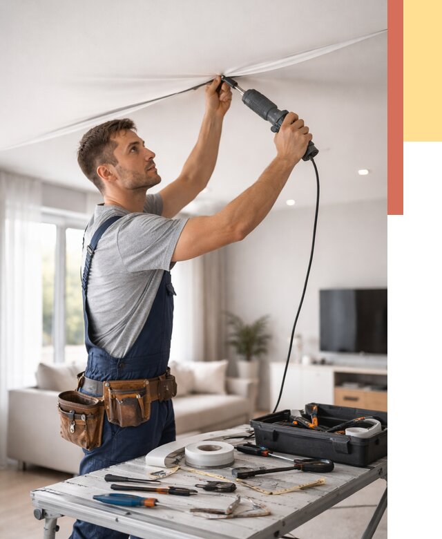 Ремонт натяжных потолков в Дагестанских Огнях от 9807 руб. под ключ — ОТДЕЛОЧНИК-Дгс