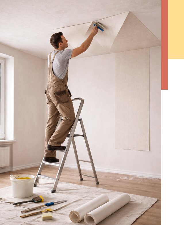 Поклейка обоев на потолок в Дагестанских Огнях от 4645 руб. быстро и недорого | ОТДЕЛОЧНИК-Дгс